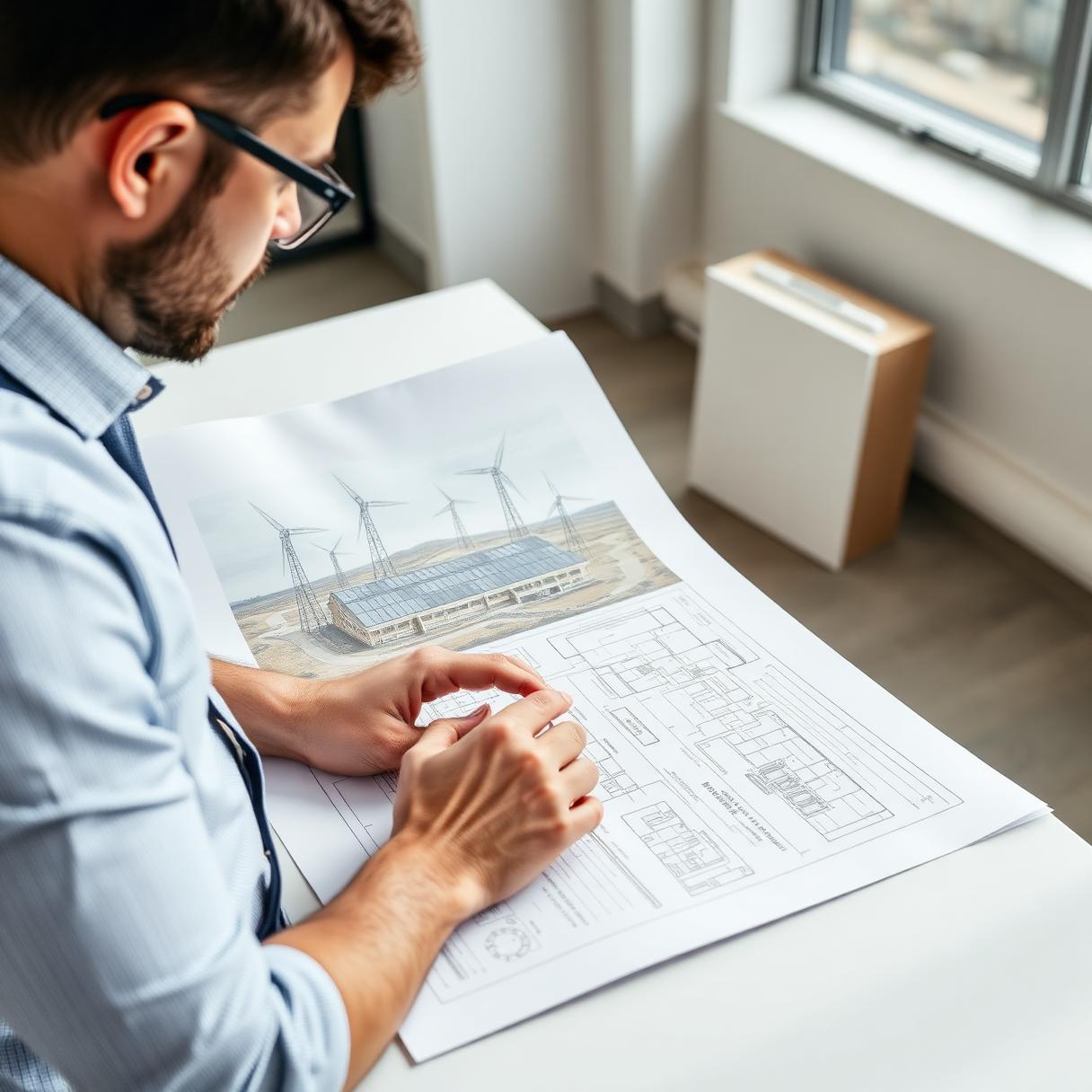 Energy consultants reviewing site blueprints