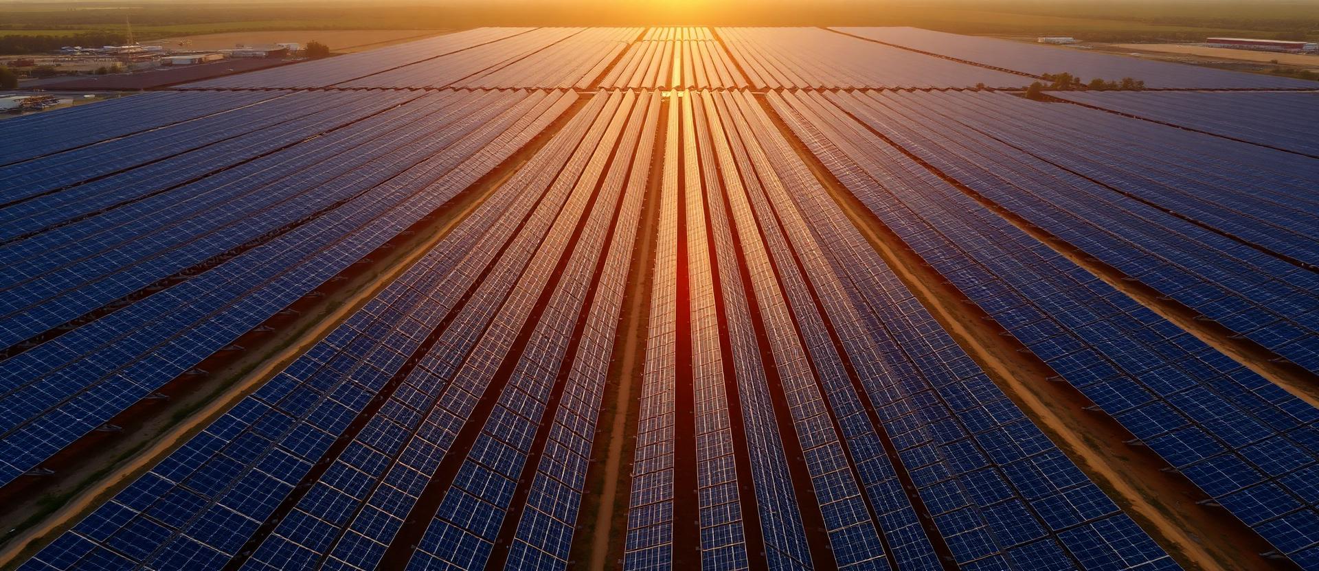 Aerial view of a vast solar grid of photovoltaic panels at golden hour