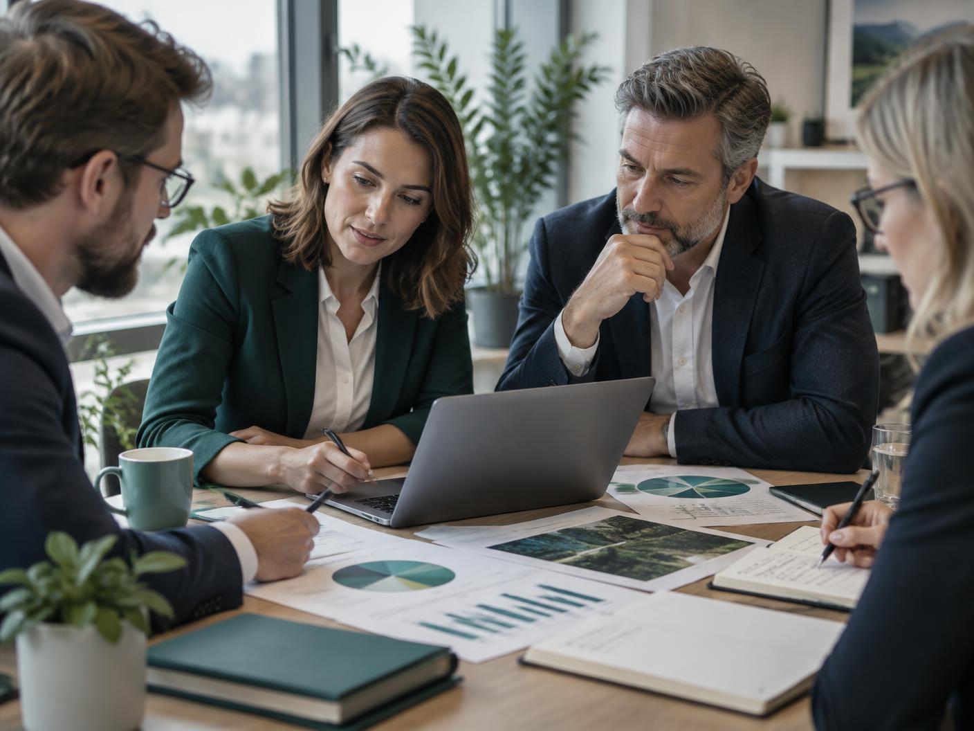Consultants and business leaders reviewing sustainability and growth priorities